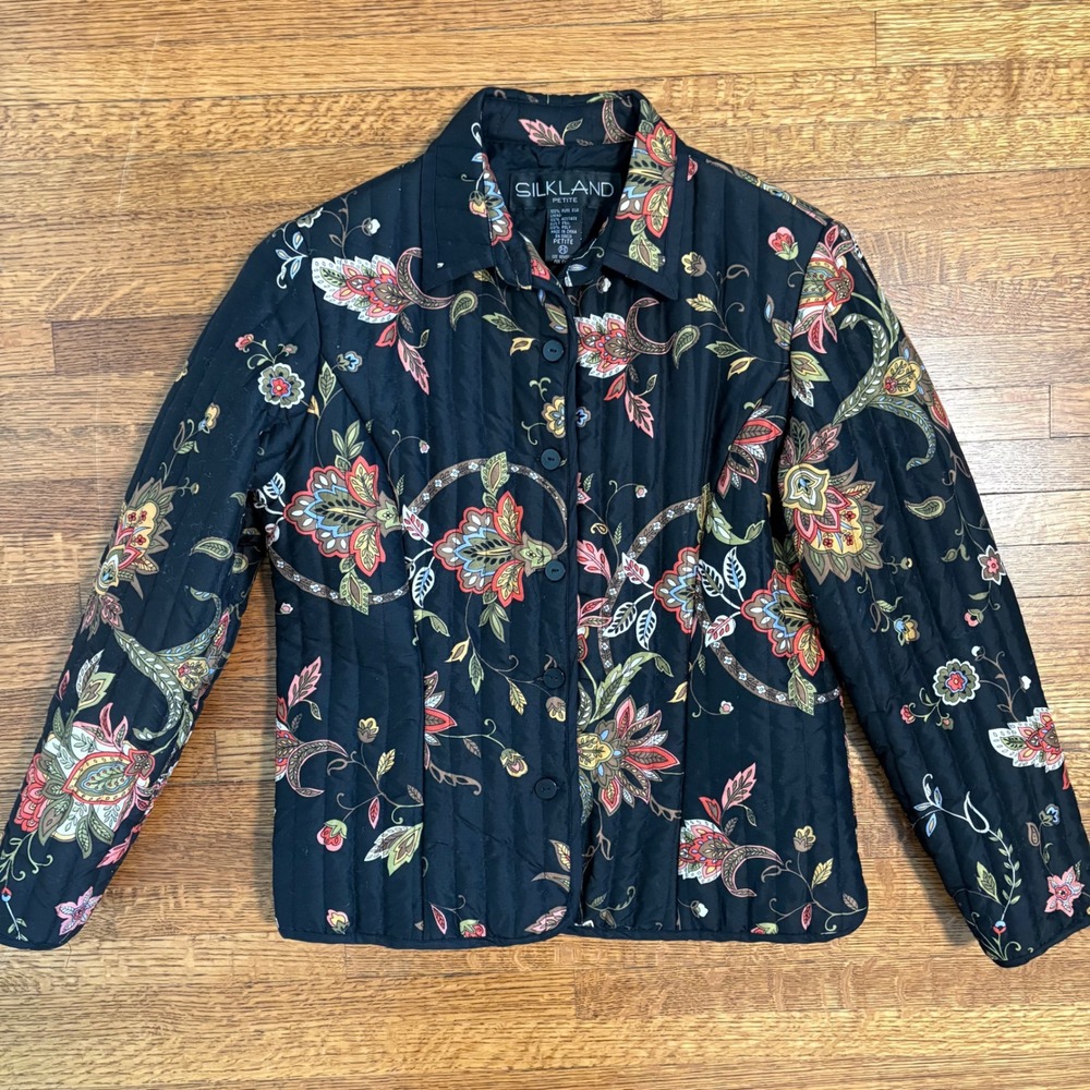 Silkland Petite PS 100% Silk Quilted Jacket Floral Paisley Black Button Up